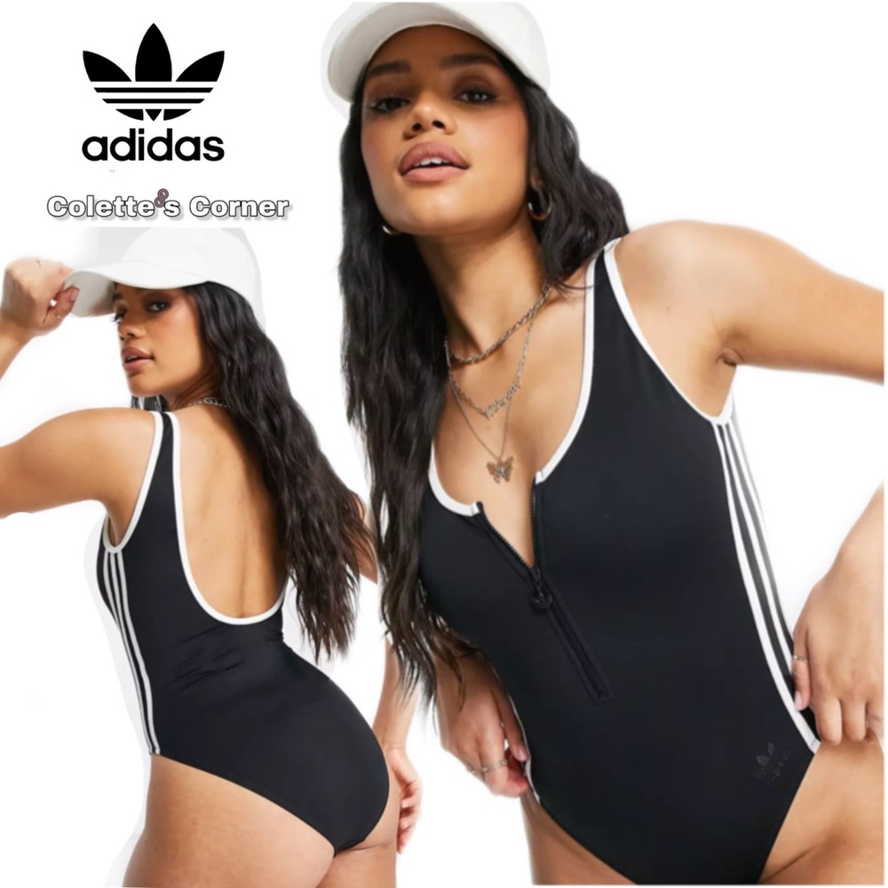 NWT Adidas Original Black White Adicolor Three Stripe Zip Up one Piece Swimsuit - Picture 1 of 8